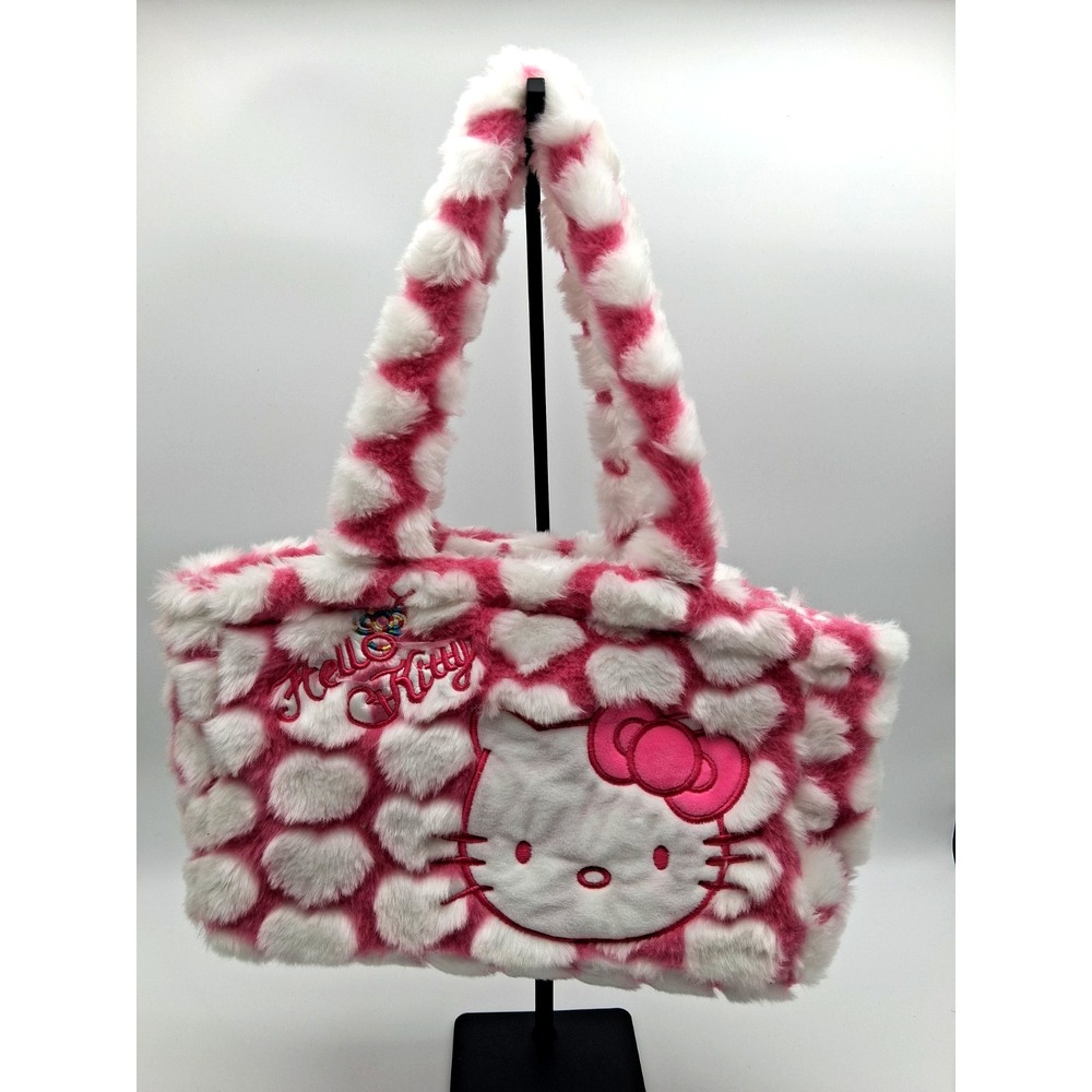 Hello Kitty Pink White Heart Faux Fur Tote Bag Kawaii Sanrio Shoulder Purse